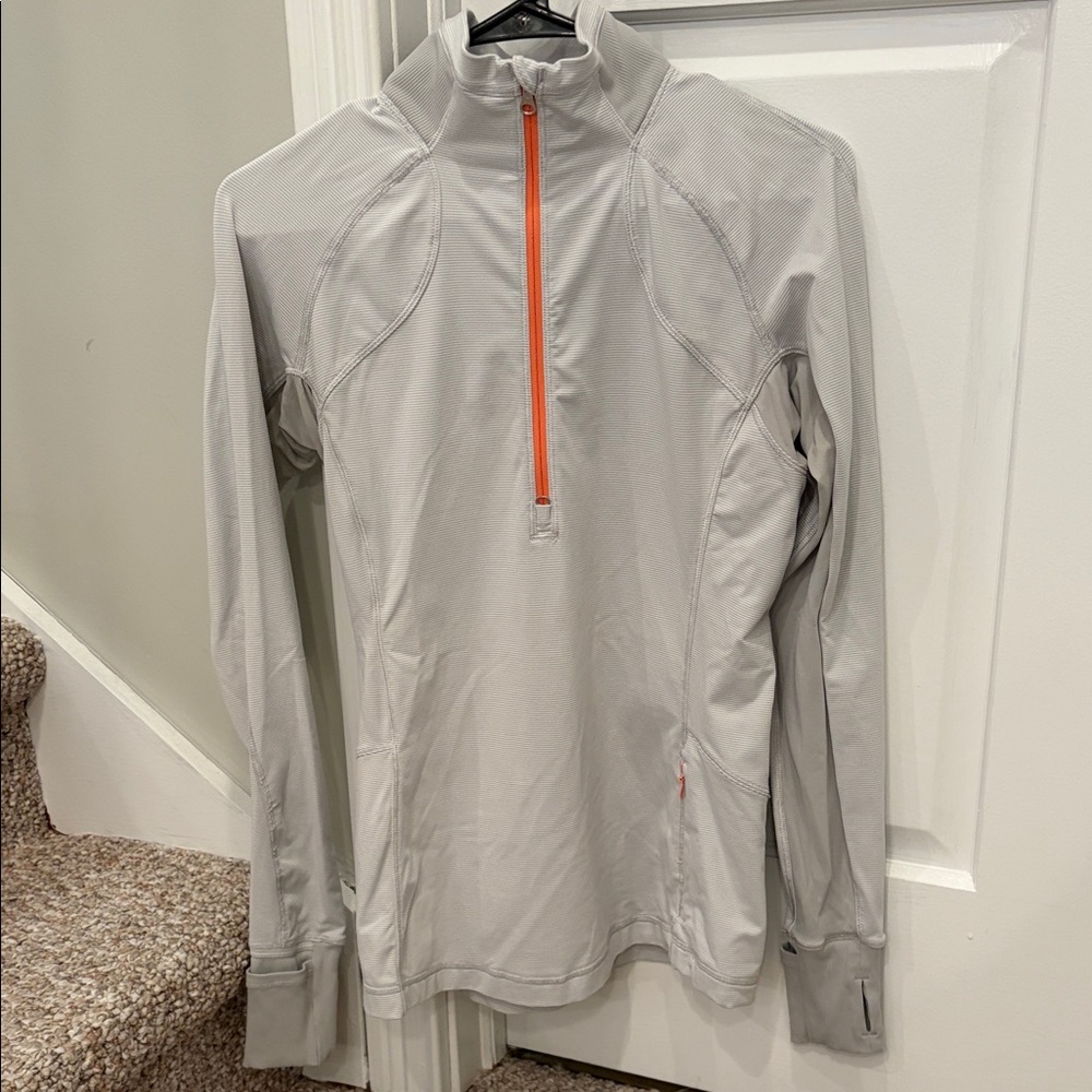Lululemon Striped Gray Half-Zip Running Pullover with Coral Zipper